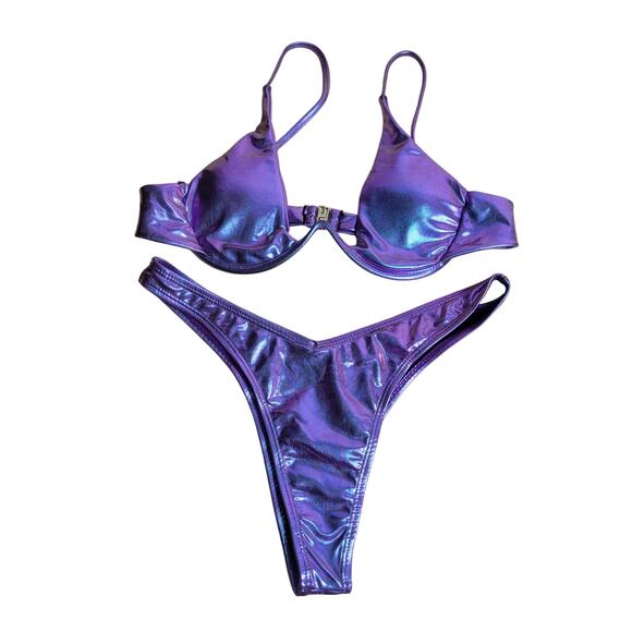 Purple Metallic Bikini Swim Suit Womens L Thong Padded Shimmer Beach Swimming - Picture 1 of 4